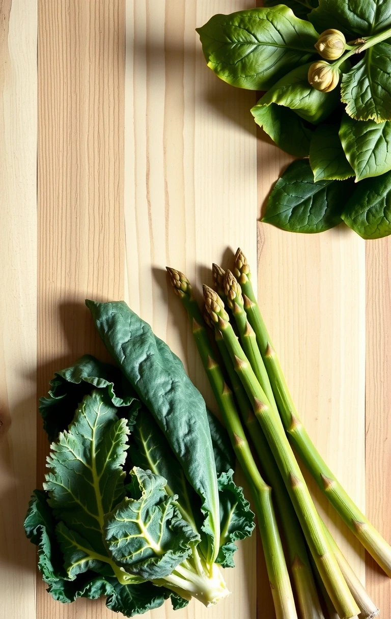 Świeże zielone warzywa na drewnianym blacie